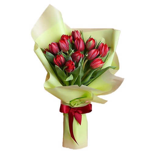 Фото товара 15 красных тюльпанов в зелёной упаковке в Ирпени