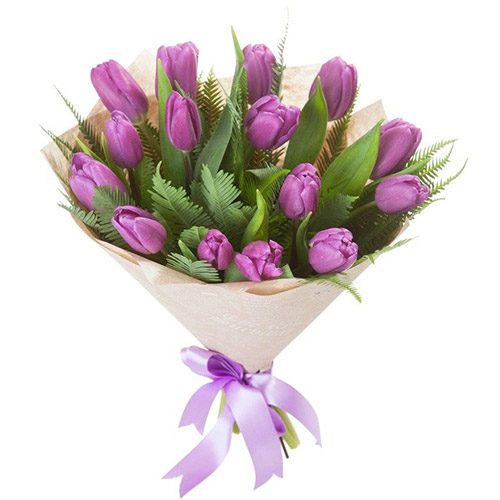 Фото товара 15 фиолетовых тюльпанов с декором в Ирпени