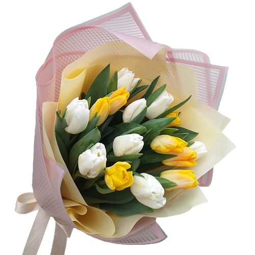 Фото товара 15 бело-жёлтых тюльпанов в Ирпени