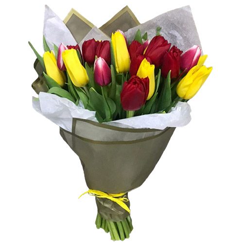 Фото товара 21 красно-жёлтый тюльпан в двойной упаковке в Ирпени