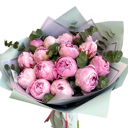 Фото товара 15 светло-розовых пионов с зеленью в Ирпени