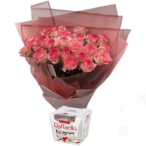 Фото товара 25 рожевих троянд із цукерками в Ирпени